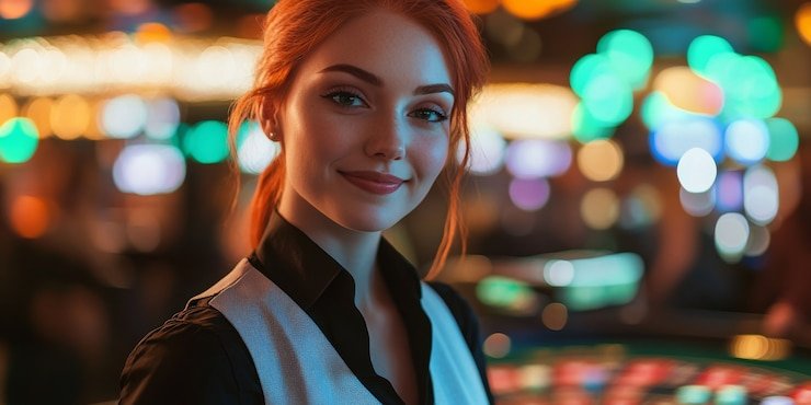 Live dealer revealing cards at Three Card Poker table on jasaqq